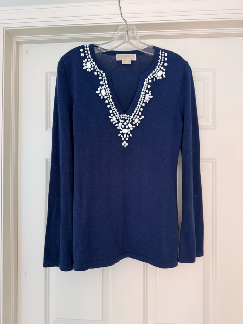 Michael navy cotton tunic with white beading.